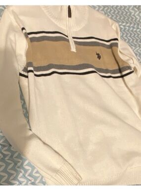 Polo by Ralph Lauren Cream Half-Zip Sweater with Tan and Gray Stripes
